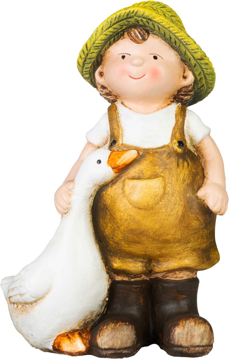 Dekorácia MagicHome, Chlapček s húskou v hnedom oblečení, keramika, 6,5x12,5x19 cm