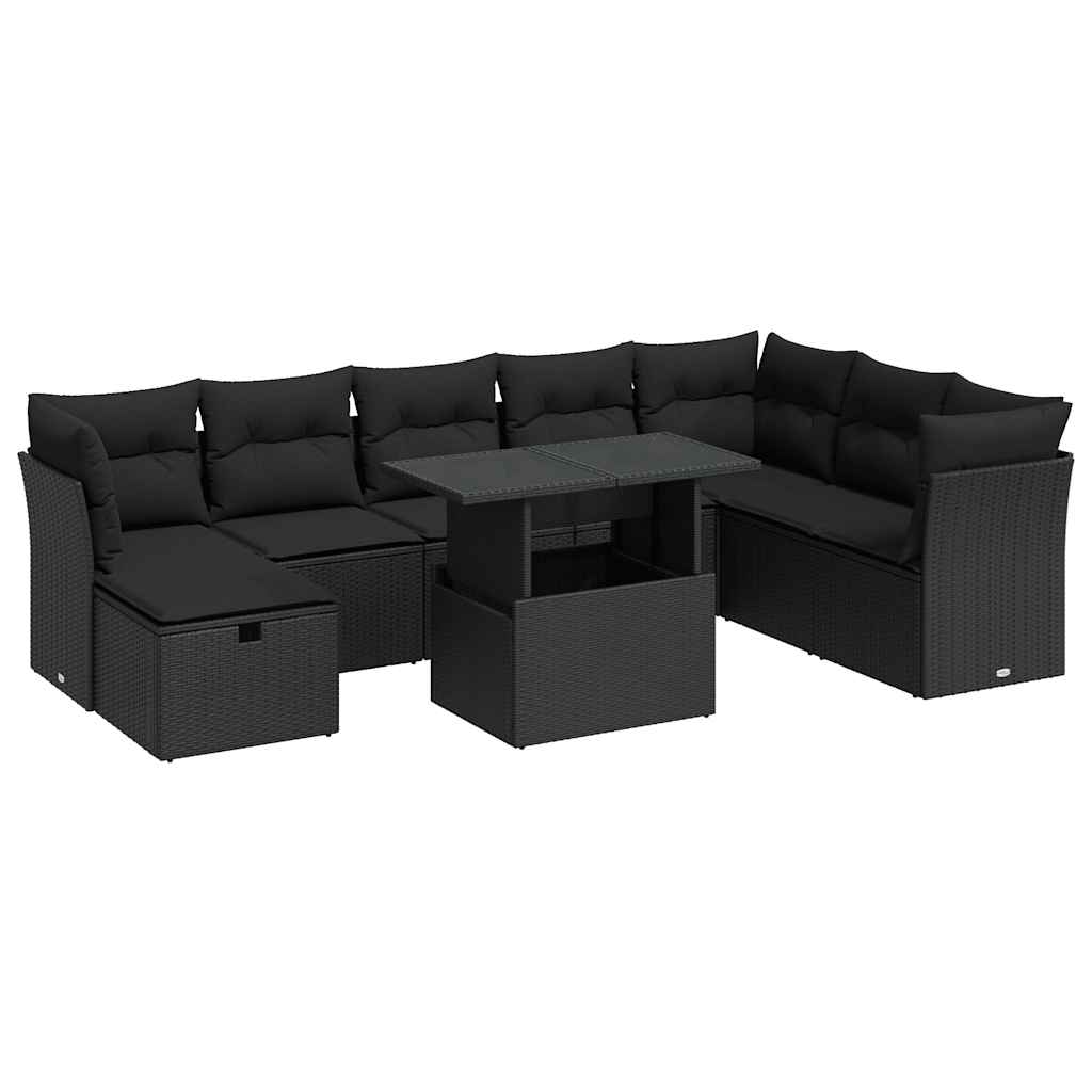 Set mobilier de grădină cu perne, 9 piese, negru, poliratan GartenMobel Dekor