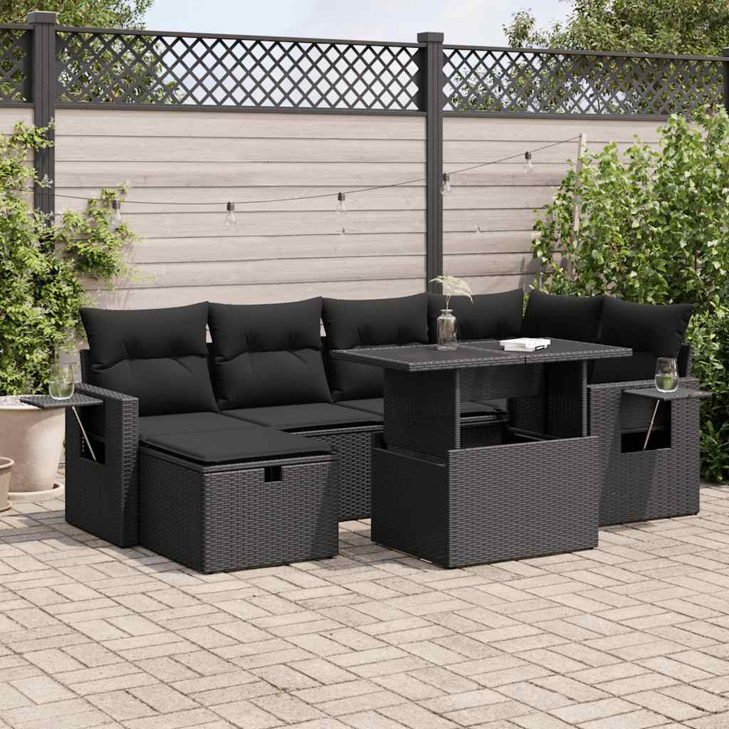Set canapele de grădină cu perne, 7 piese, negru, poliratan GartenMobel Dekor