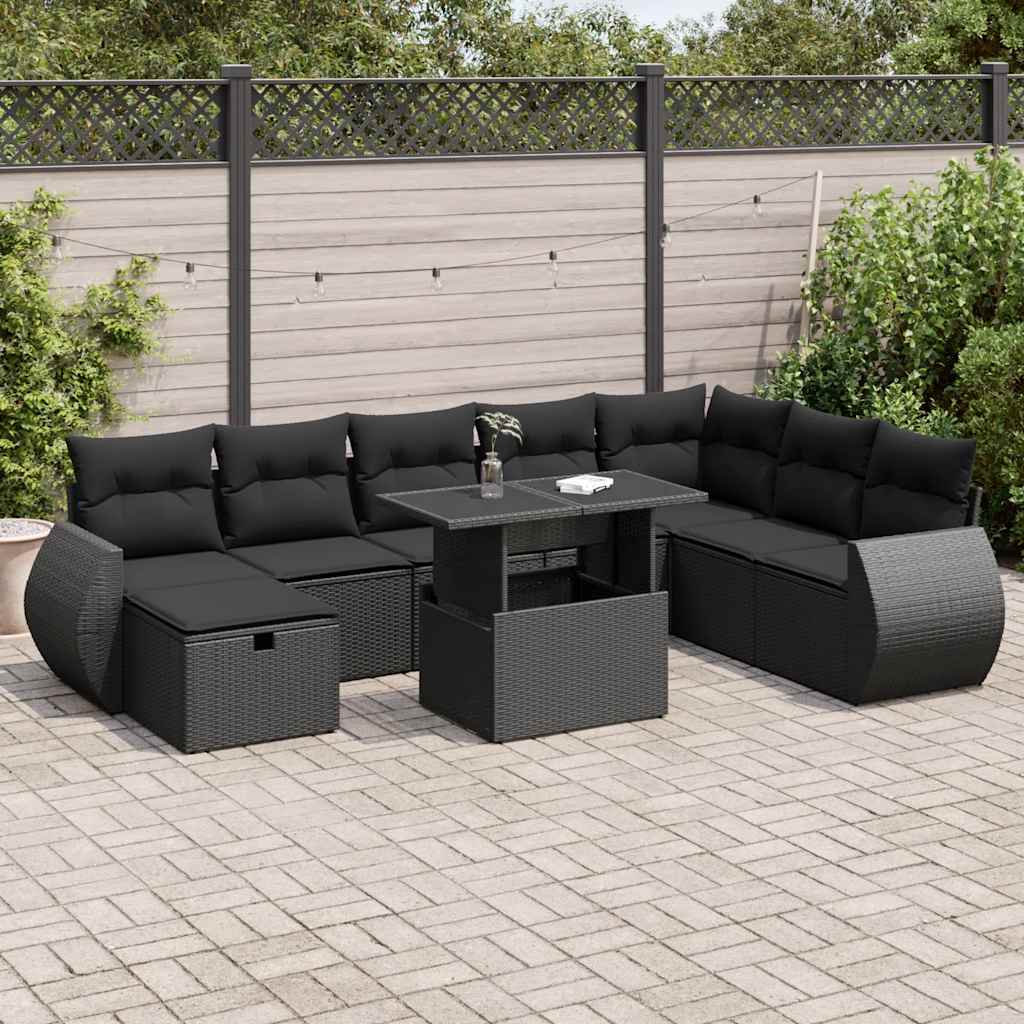 Set mobilier de grădină cu perne, 9 piese, negru, poliratan GartenMobel Dekor