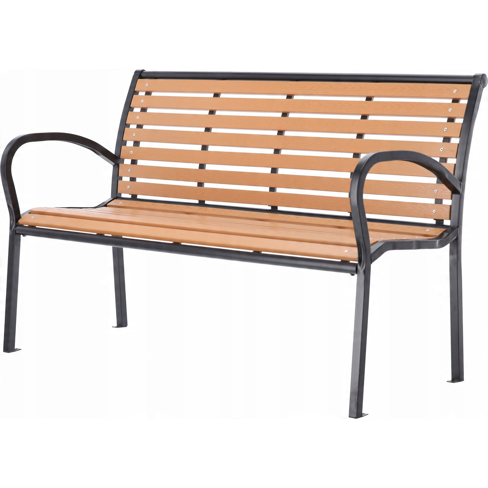 Banca de gradina maro cu cadru metalic si PVC imitatie lemn, 125 cm