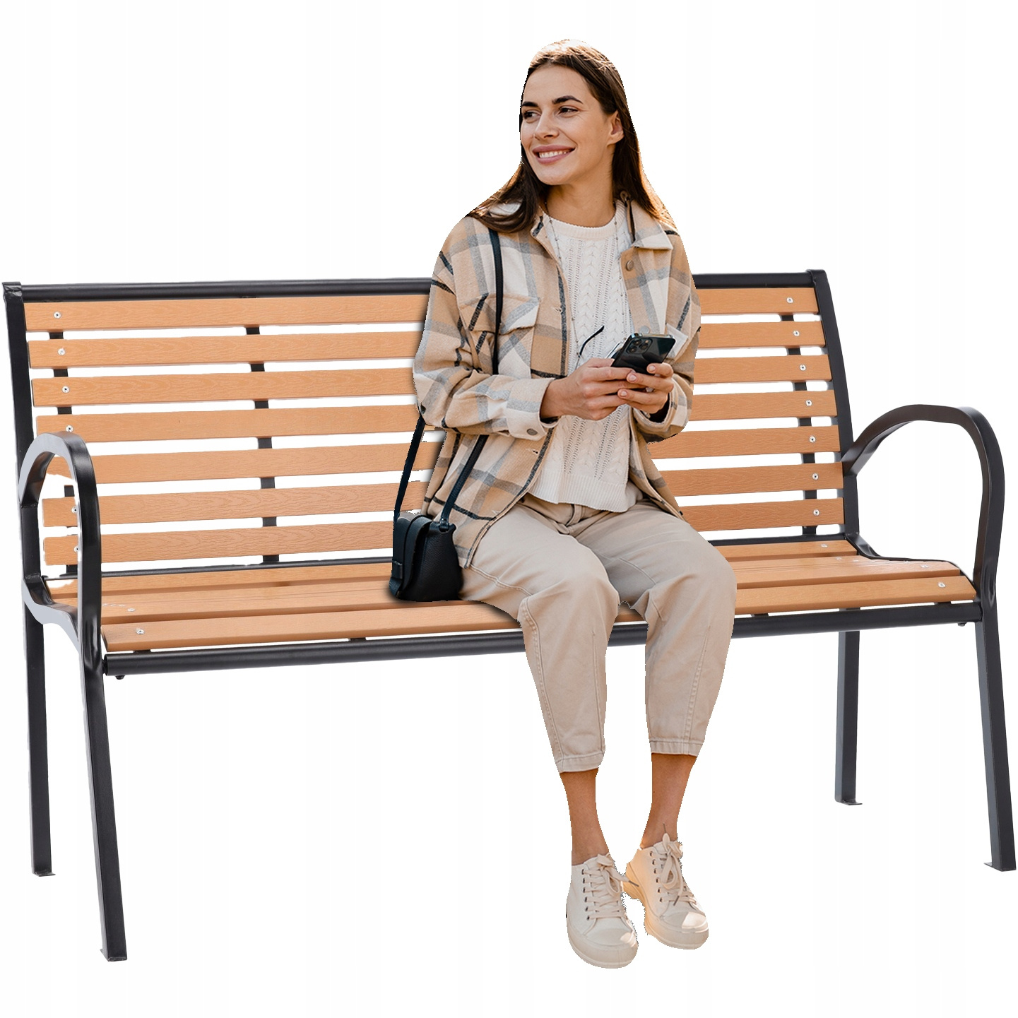 Banca de gradina maro cu cadru metalic si PVC imitatie lemn, 125 cm