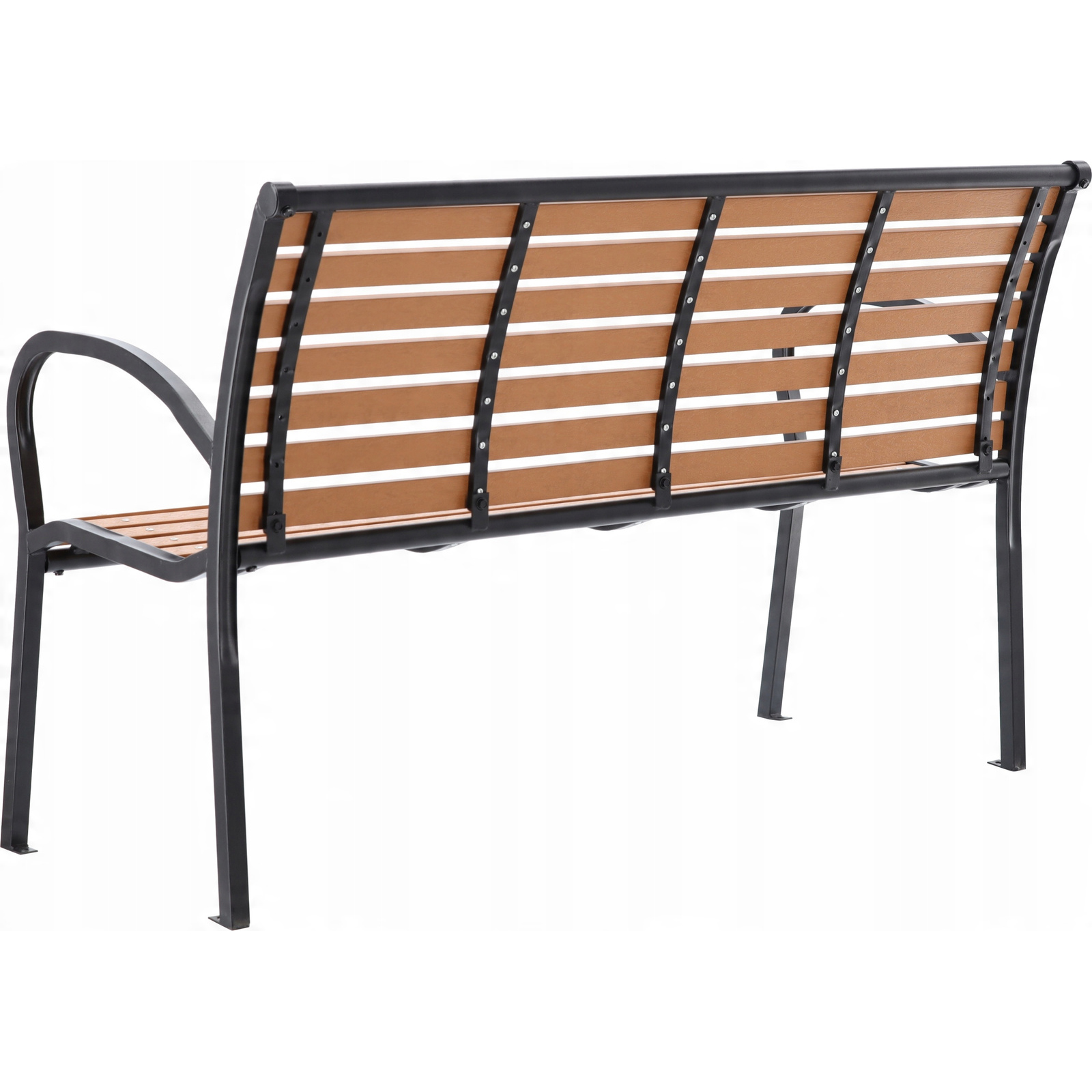 Banca de gradina maro cu cadru metalic si PVC imitatie lemn, 125 cm