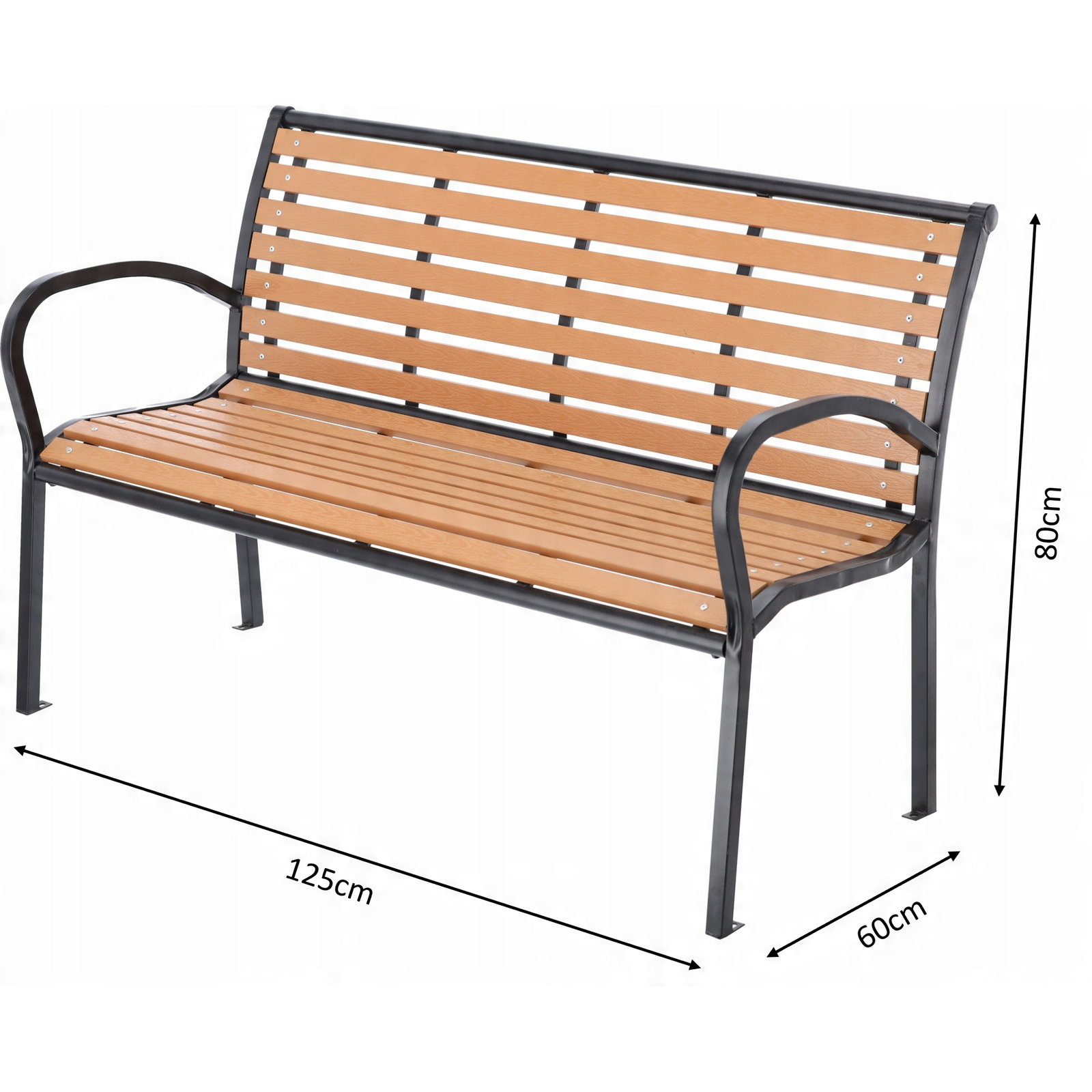 Banca de gradina maro cu cadru metalic si PVC imitatie lemn, 125 cm