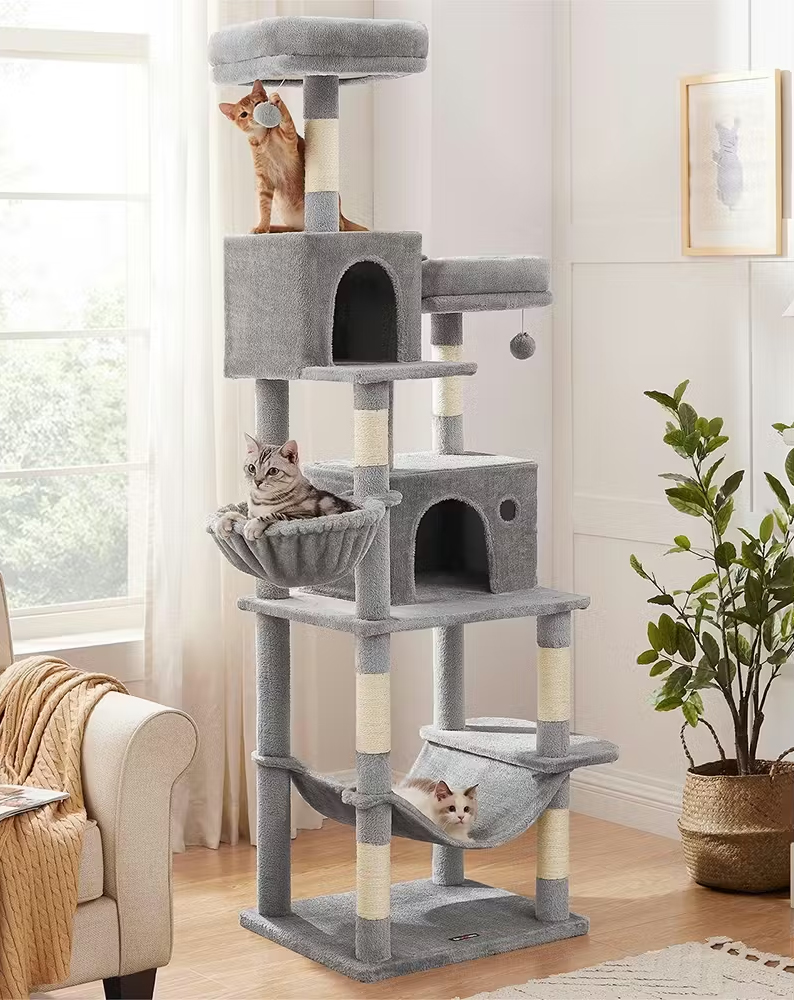 FEANDREA Ansamblu pentru pisici, plus si sisal, cu platforme, cusca, hamac si stalpi de zgariat, 50x60x199 cm, gri