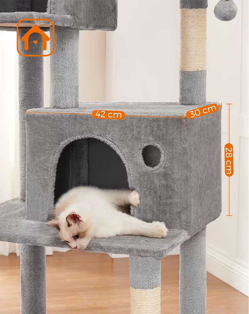 FEANDREA Ansamblu pentru pisici, plus si sisal, cu platforme, cusca, hamac si stalpi de zgariat, 50x60x199 cm, gri