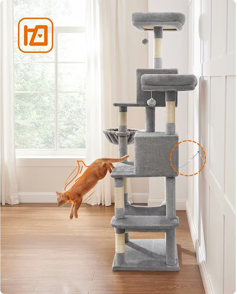 FEANDREA Ansamblu pentru pisici, plus si sisal, cu platforme, cusca, hamac si stalpi de zgariat, 50x60x199 cm, gri