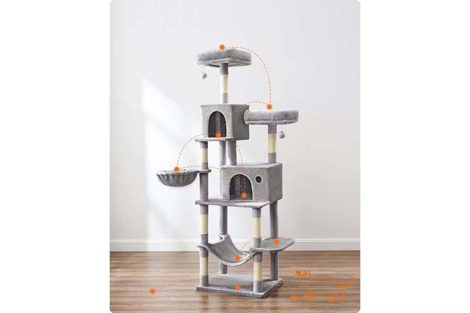 FEANDREA Ansamblu pentru pisici, plus si sisal, cu platforme, cusca, hamac si stalpi de zgariat, 50x60x199 cm, gri