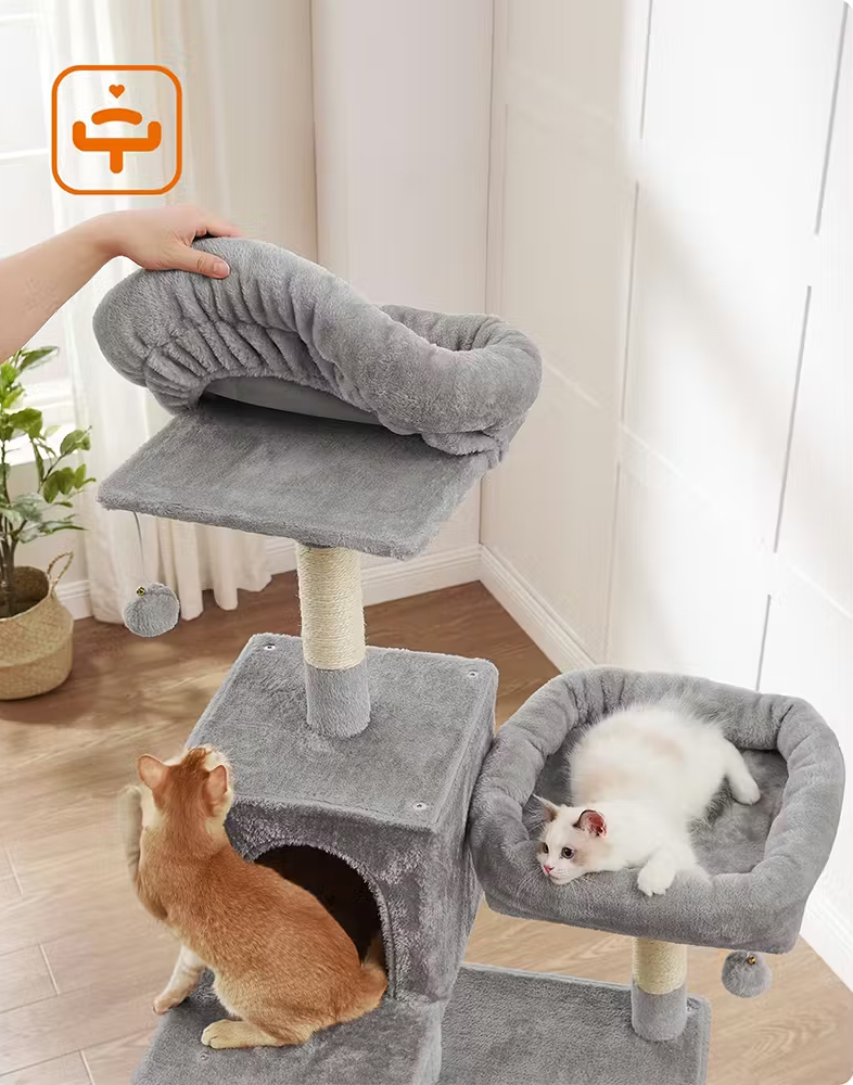 FEANDREA Ansamblu pentru pisici, plus si sisal, cu platforme, cusca, hamac si stalpi de zgariat, 50x60x199 cm, gri