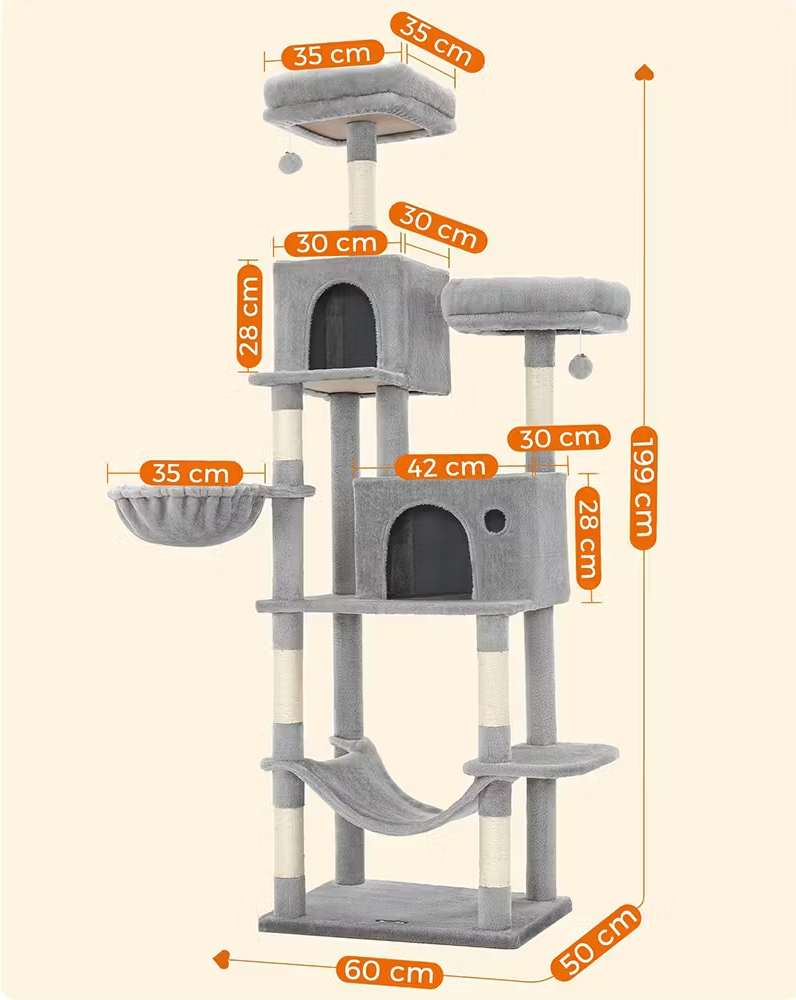 FEANDREA Ansamblu pentru pisici, plus si sisal, cu platforme, cusca, hamac si stalpi de zgariat, 50x60x199 cm, gri