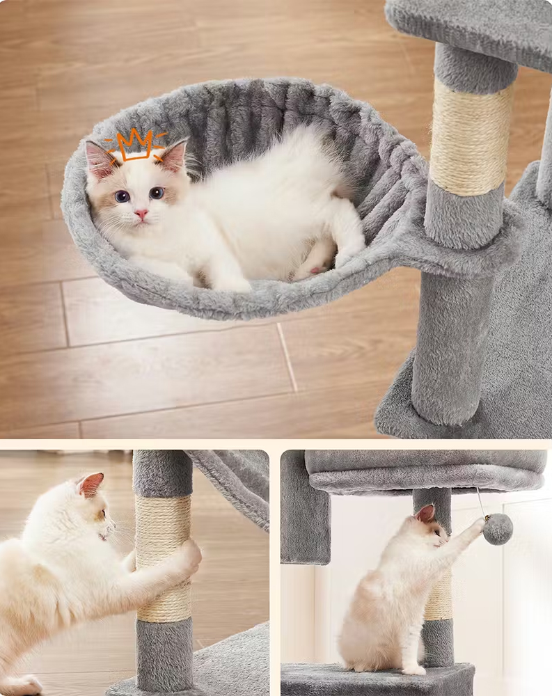 FEANDREA Ansamblu pentru pisici, plus si sisal, cu platforme, cusca, hamac si stalpi de zgariat, 50x60x199 cm, gri