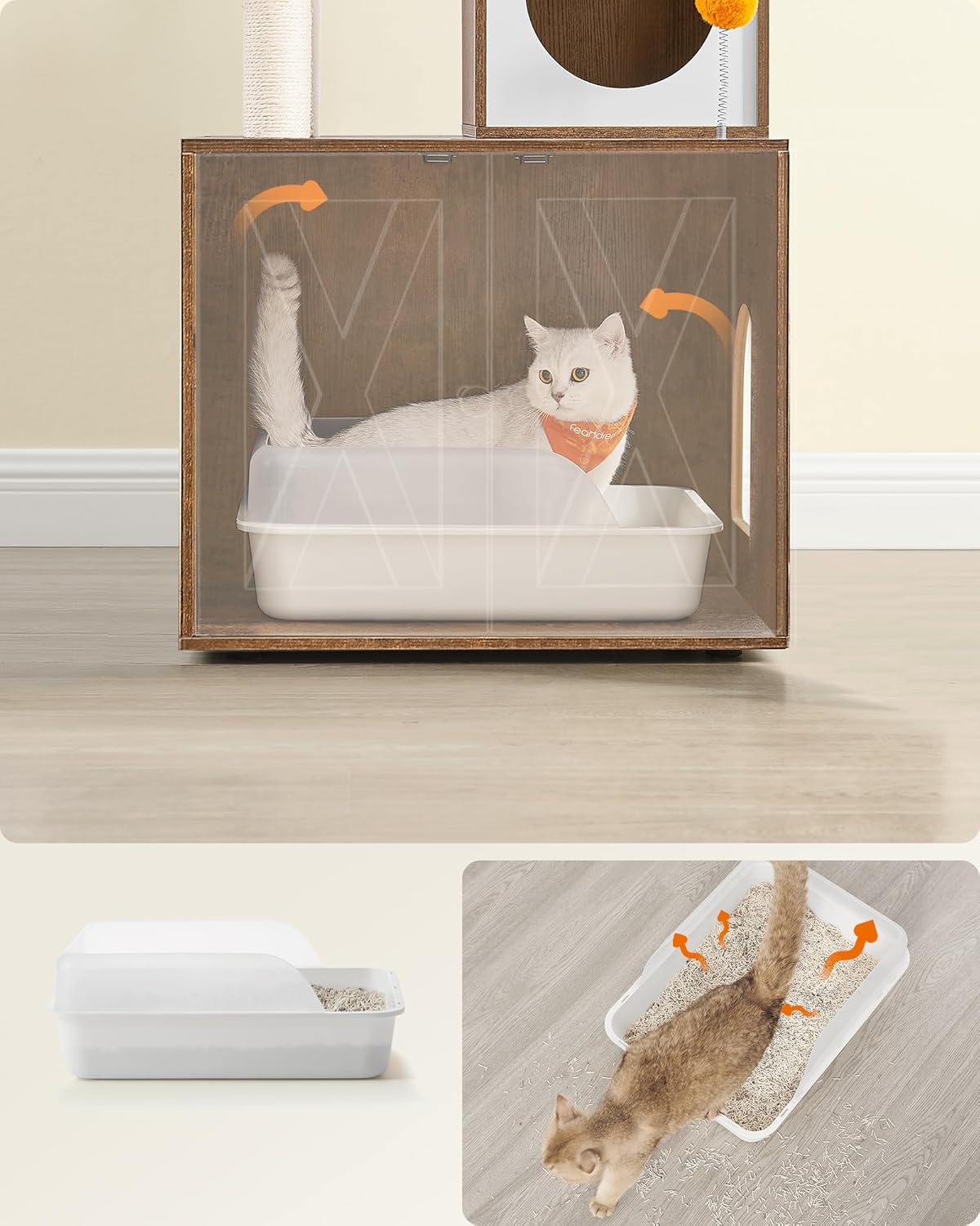 FEANDREA Ansamblu pentru pisici din PAL, plus si sisal, cu dulap litiera, 185 cm, platforme multiple, perne lavabile, maro rustic