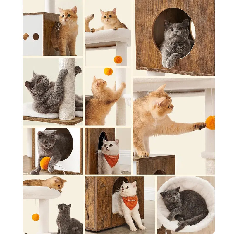 FEANDREA Ansamblu pentru pisici din PAL, plus si sisal, cu dulap litiera, 185 cm, platforme multiple, perne lavabile, maro rustic