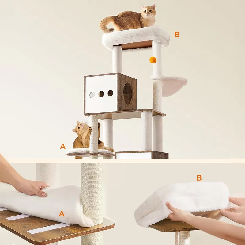 FEANDREA Ansamblu pentru pisici din PAL, plus si sisal, cu dulap litiera, 185 cm, platforme multiple, perne lavabile, maro rustic