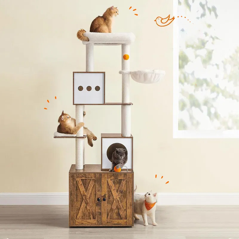 FEANDREA Ansamblu pentru pisici din PAL, plus si sisal, cu dulap litiera, 185 cm, platforme multiple, perne lavabile, maro rustic