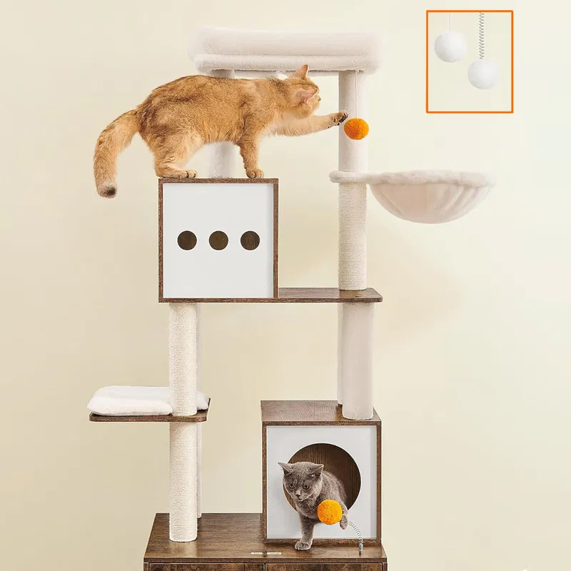 FEANDREA Ansamblu pentru pisici din PAL, plus si sisal, cu dulap litiera, 185 cm, platforme multiple, perne lavabile, maro rustic