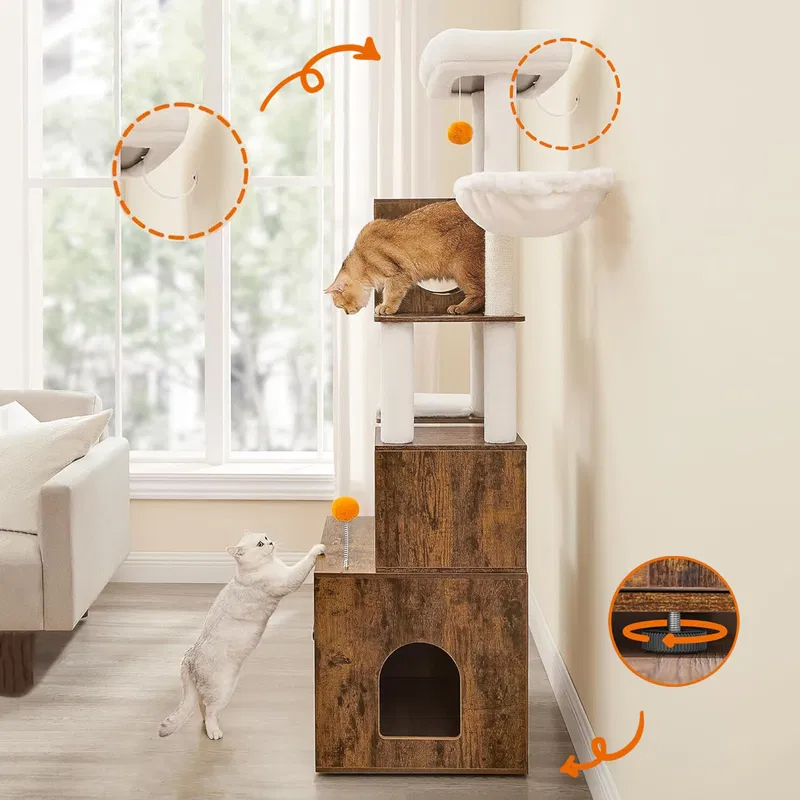 FEANDREA Ansamblu pentru pisici din PAL, plus si sisal, cu dulap litiera, 185 cm, platforme multiple, perne lavabile, maro rustic