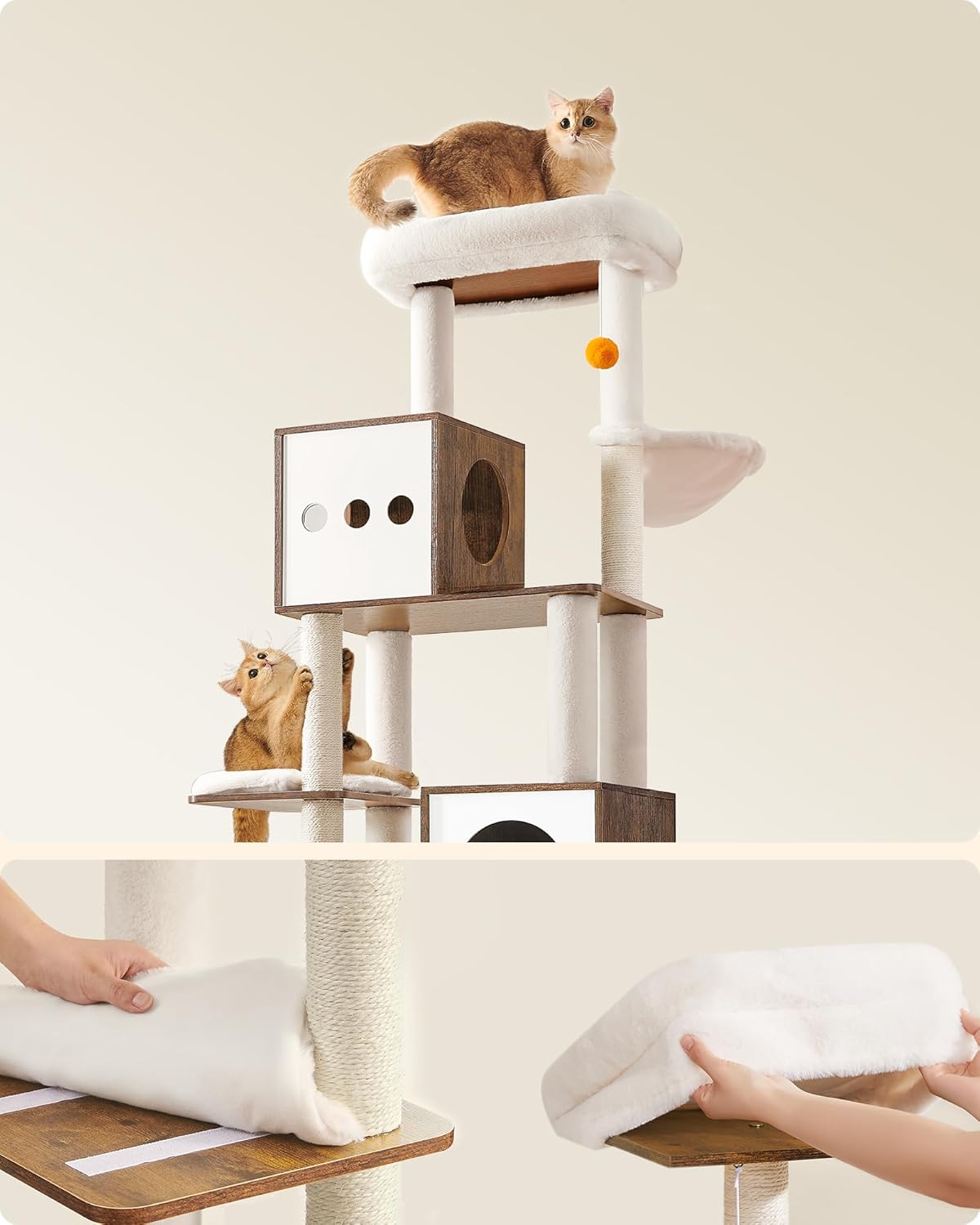 FEANDREA Ansamblu pentru pisici din PAL, plus si sisal, cu dulap litiera, 185 cm, platforme multiple, perne lavabile, maro rustic