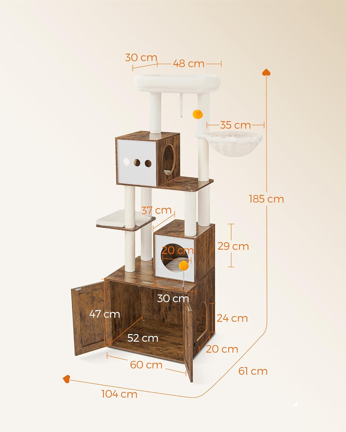FEANDREA Ansamblu pentru pisici din PAL, plus si sisal, cu dulap litiera, 185 cm, platforme multiple, perne lavabile, maro rustic