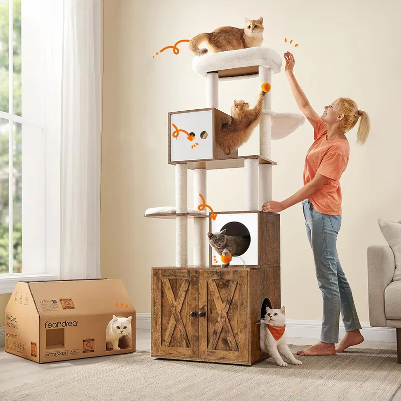 FEANDREA Ansamblu pentru pisici din PAL, plus si sisal, cu dulap litiera, 185 cm, platforme multiple, perne lavabile, maro rustic