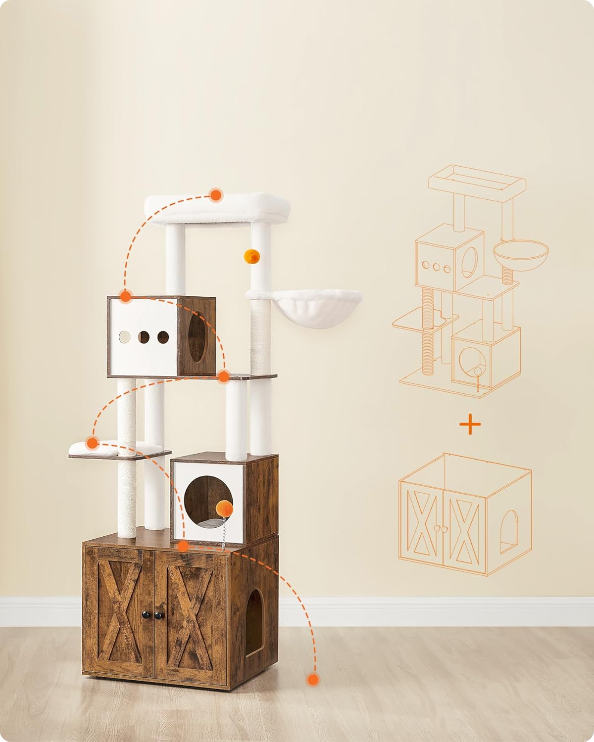 FEANDREA Ansamblu pentru pisici din PAL, plus si sisal, cu dulap litiera, 185 cm, platforme multiple, perne lavabile, maro rustic