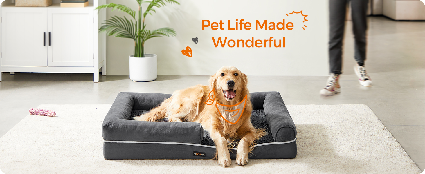 FEANDREA Pat ortopedic pentru caini, cu margini inaltate si husa detasabila, 106x80x20 cm, gri inchis