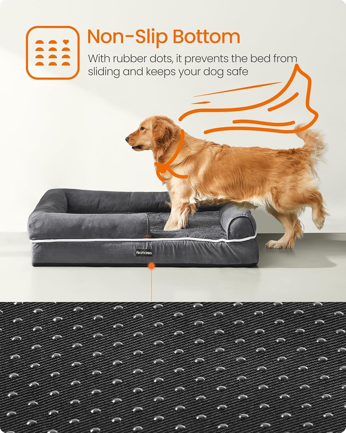 FEANDREA Pat ortopedic pentru caini, cu margini inaltate si husa detasabila, 106x80x20 cm, gri inchis
