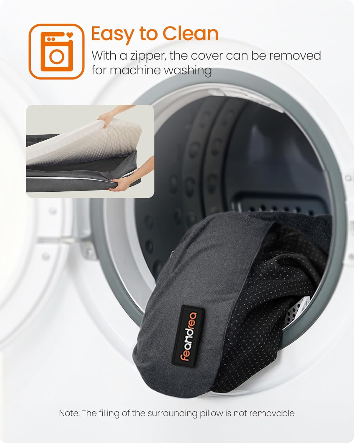 FEANDREA Pat ortopedic pentru caini, cu margini inaltate si husa detasabila, 106x80x20 cm, gri inchis