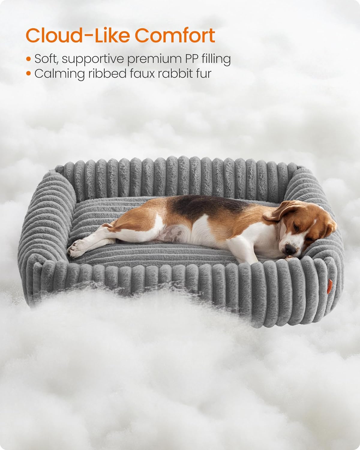 FEANDREA Pat pentru caini din plus, ortopedic, cu margini inaltate, detasabil si lavabil, 91x68x18 cm, gri