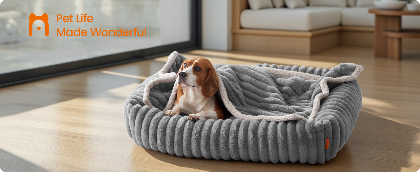 FEANDREA Pat pentru caini din plus, ortopedic, cu margini inaltate, detasabil si lavabil, 91x68x18 cm, gri