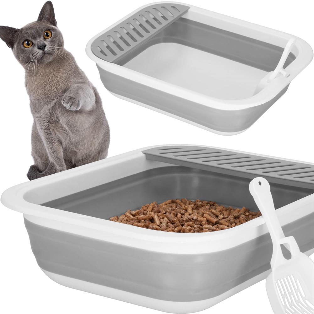 Litiera pliabila pentru pisici cu lopatica si capac, 45x34x12 cm, gri si alb