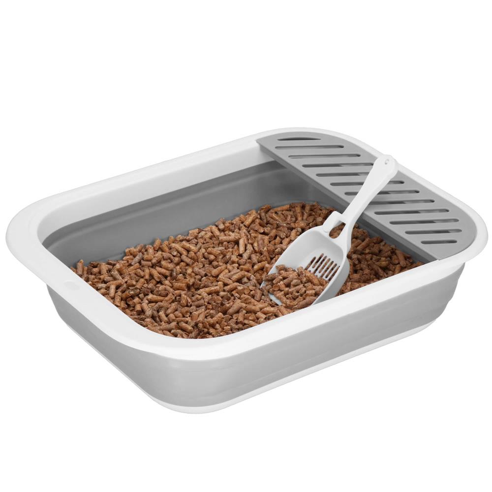 Litiera pliabila pentru pisici cu lopatica si capac, 45x34x12 cm, gri si alb