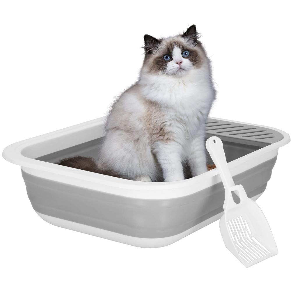 Litiera pliabila pentru pisici cu lopatica si capac, 45x34x12 cm, gri si alb