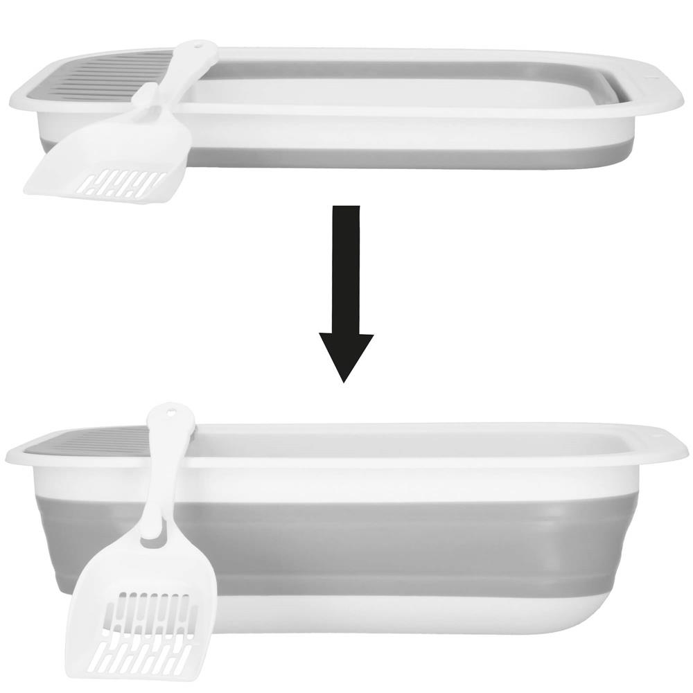 Litiera pliabila pentru pisici cu lopatica si capac, 45x34x12 cm, gri si alb