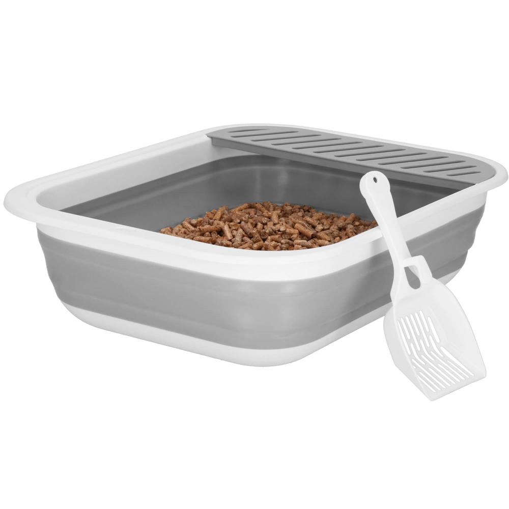 Litiera pliabila pentru pisici cu lopatica si capac, 45x34x12 cm, gri si alb