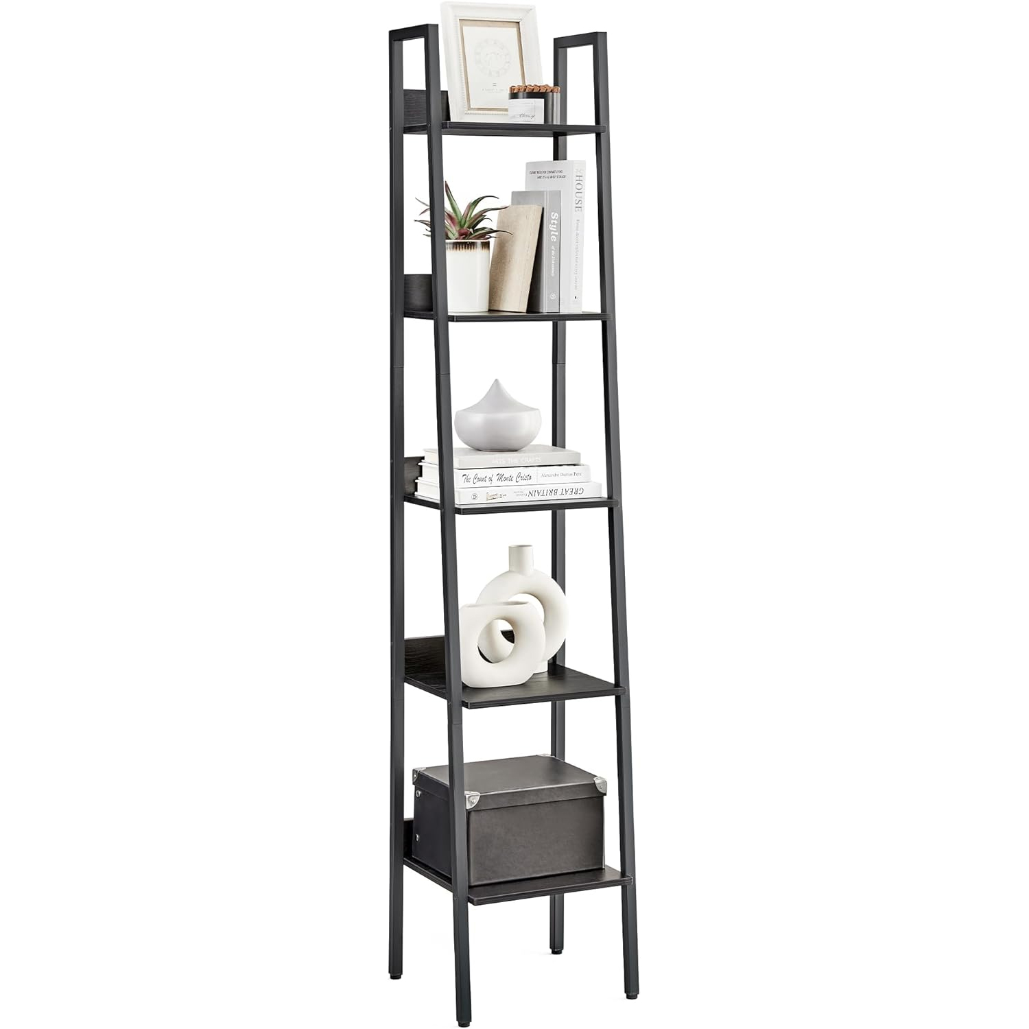 Biblioteca tip scara VASAGLE cu 5 rafturi, design industrial, negru