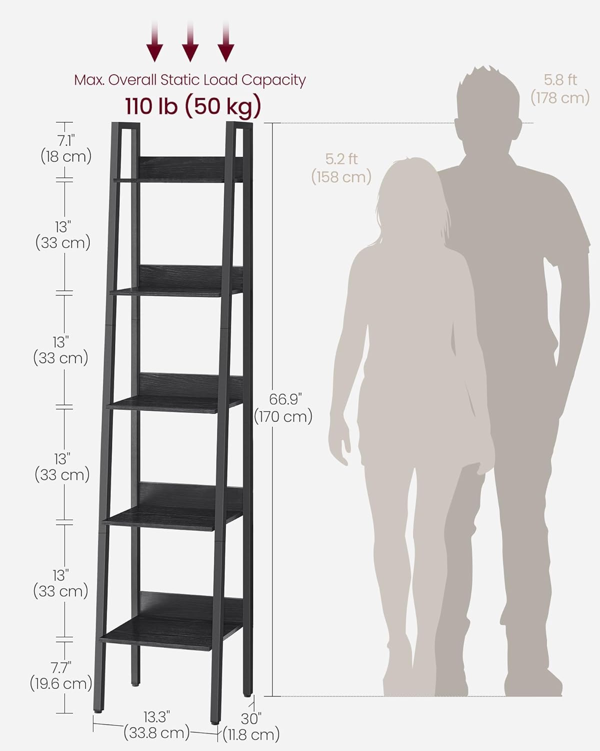 Biblioteca tip scara VASAGLE cu 5 rafturi, design industrial, negru