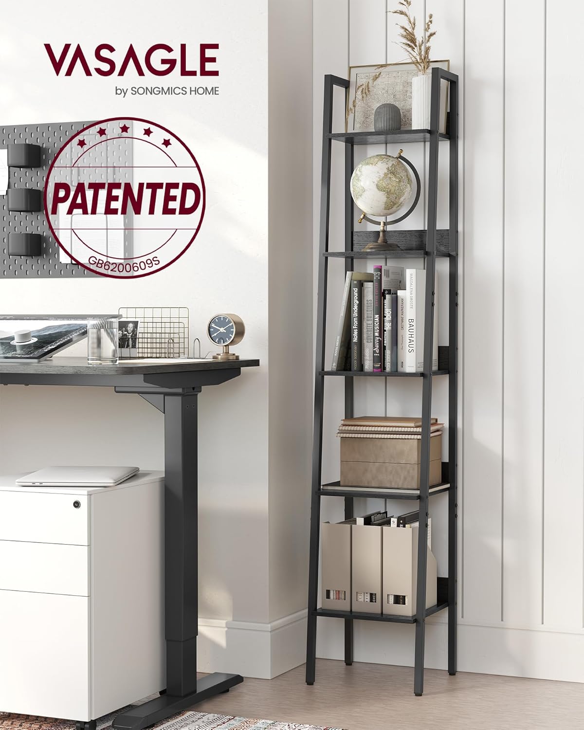 Biblioteca tip scara VASAGLE cu 5 rafturi, design industrial, negru