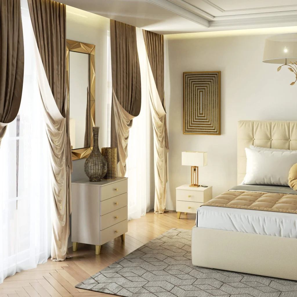 Comodă MOBI K-04 cu 4 sertare, casmir și detalii aurii, 60x37x73 cm