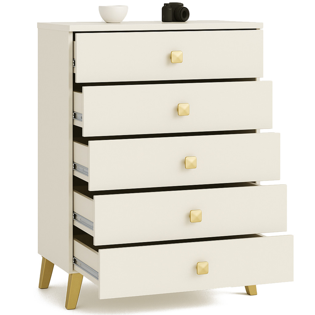 Comodă MOBI K-05 cu 5 sertare, finisaj casmir și detalii aurii, 60x37x89 cm