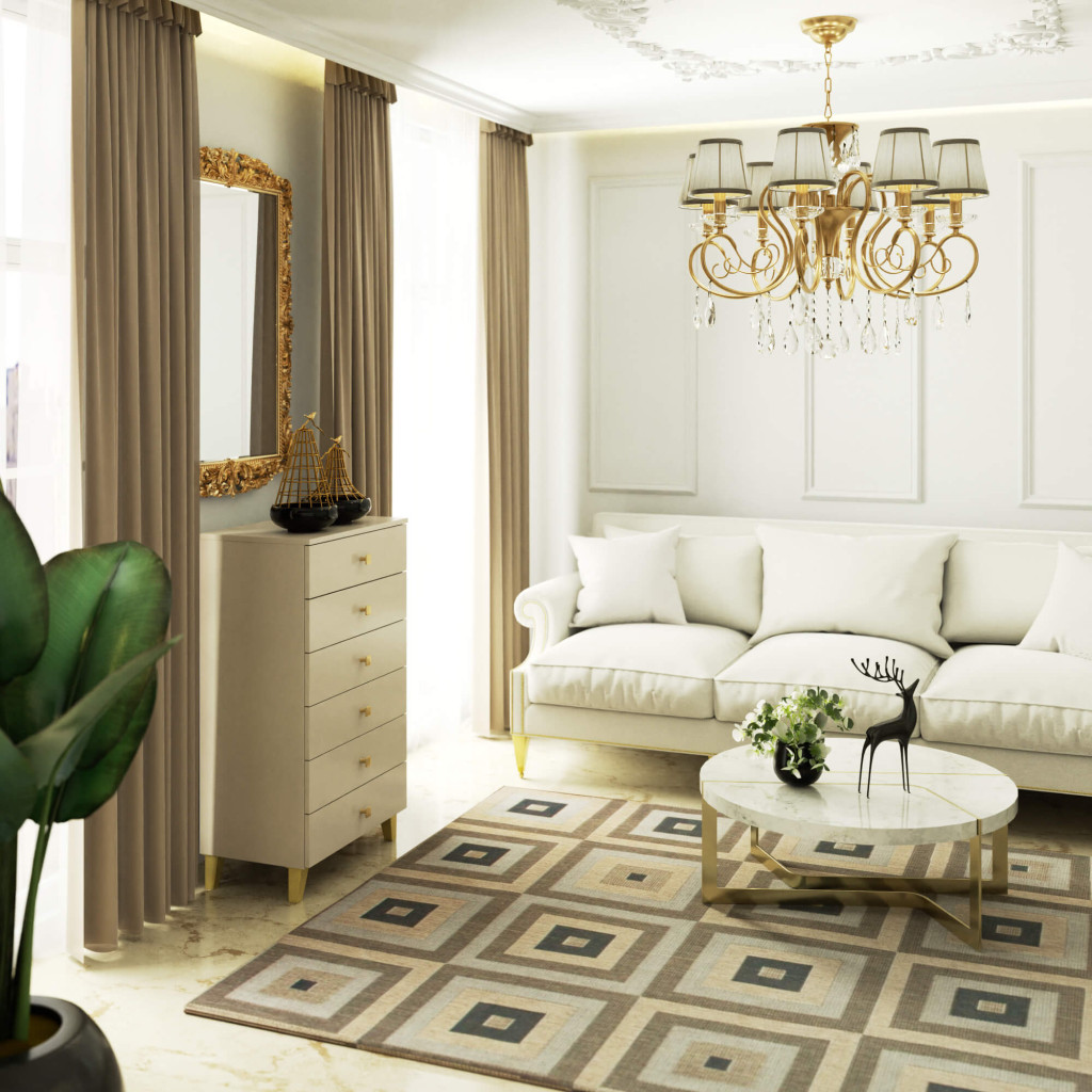 Comodă înaltă MOBI K-06 cu 6 sertare, finisaj cașmir și detalii aurii