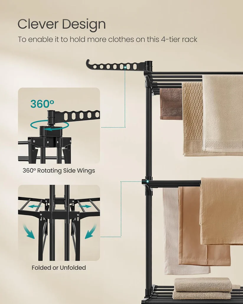 Uscător de rufe pliabil SONGMICS cu roți, 4 niveluri, 128x64x173 cm, negru