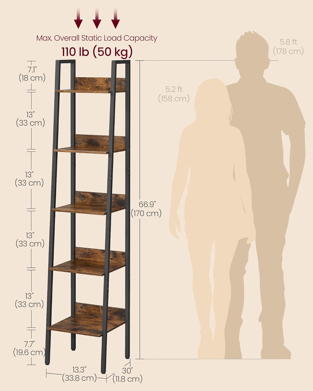 Biblioteca tip scara VASAGLE cu 5 rafturi, design industrial, maro rustic