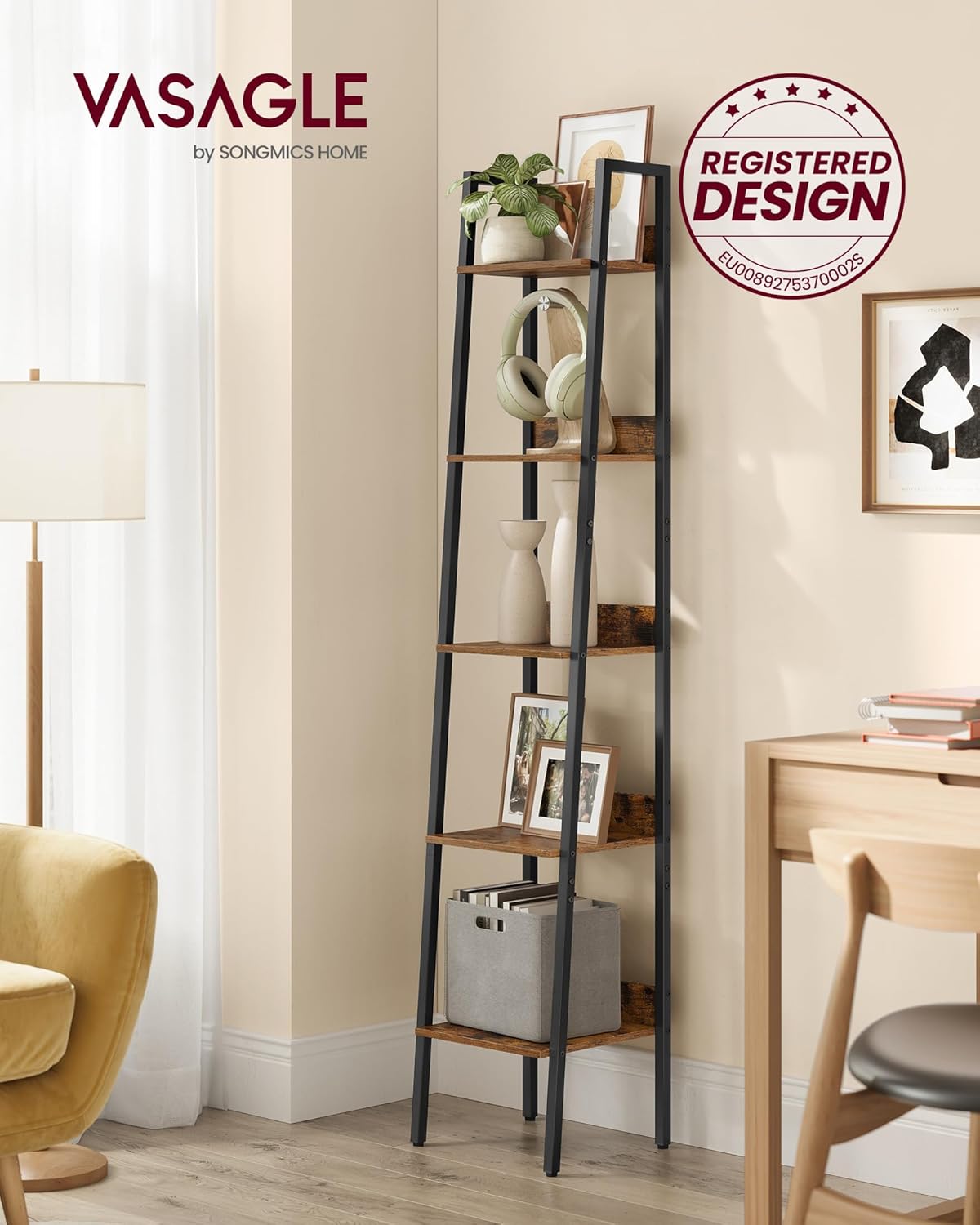 Biblioteca tip scara VASAGLE cu 5 rafturi, design industrial, maro rustic