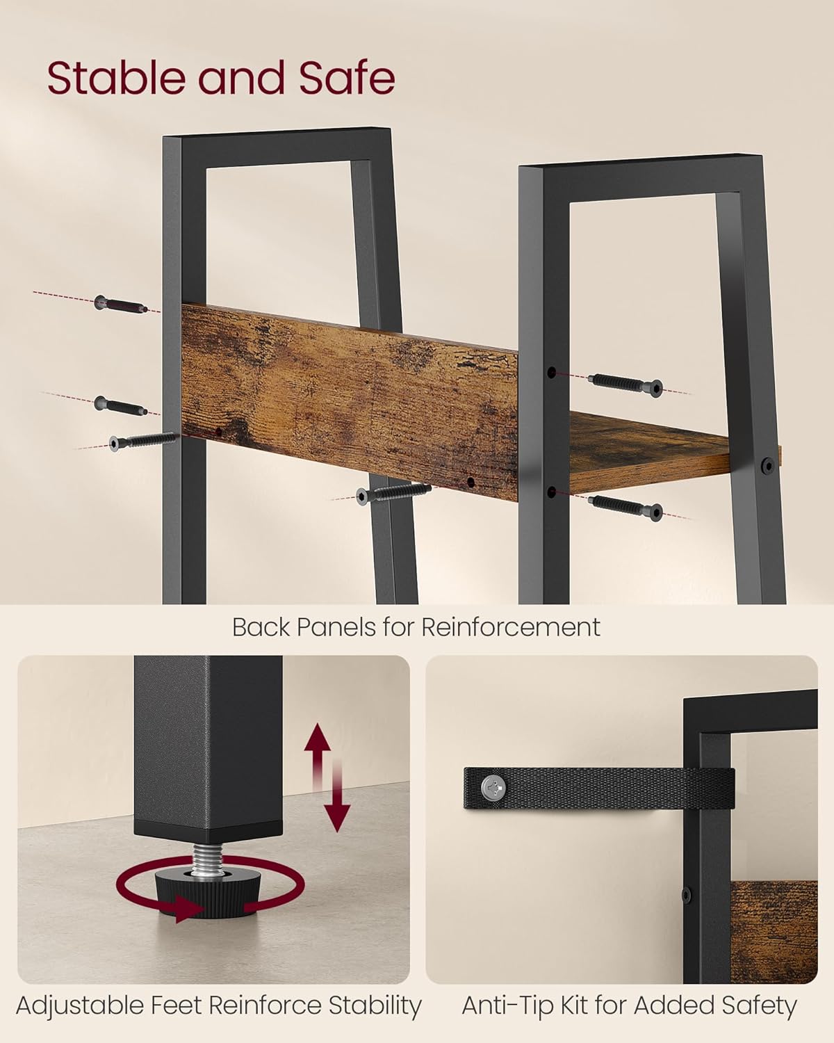 Biblioteca tip scara VASAGLE cu 5 rafturi, design industrial, maro rustic