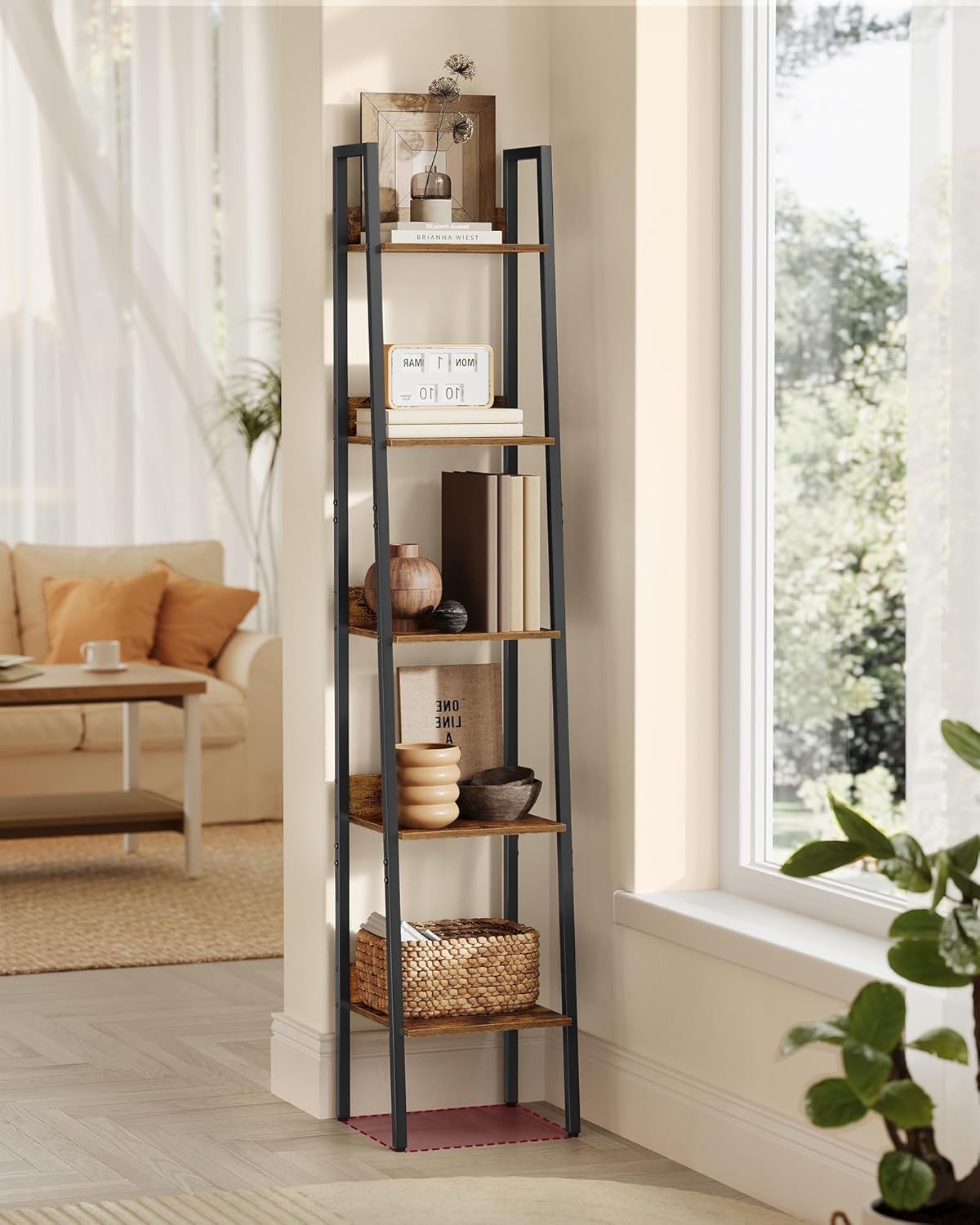 Biblioteca tip scara VASAGLE cu 5 rafturi, design industrial, maro rustic