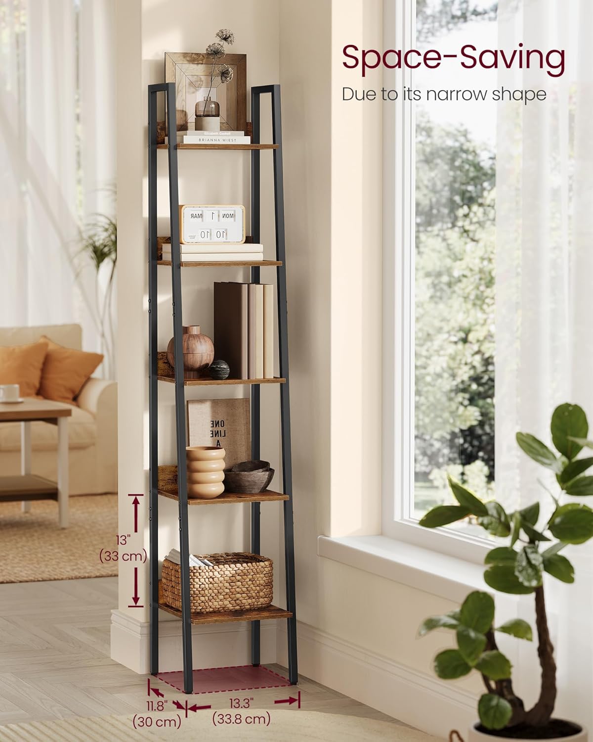 Biblioteca tip scara VASAGLE cu 5 rafturi, design industrial, maro rustic