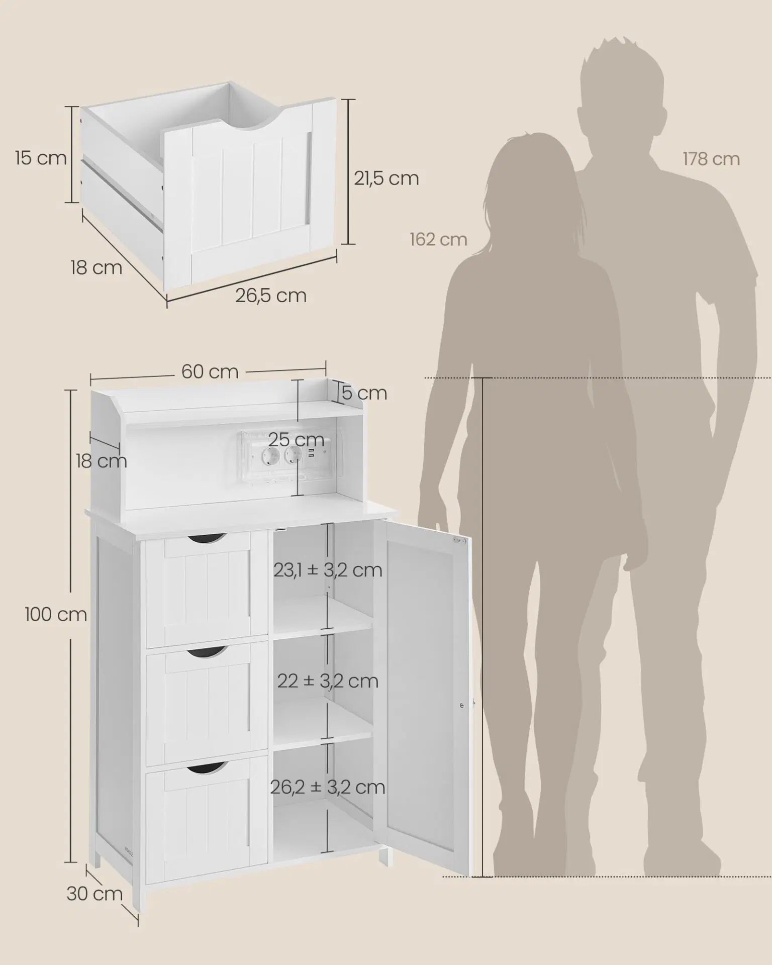 Dulap de baie VASAGLE cu priza USB, sertare, usa si rafturi reglabile, alb