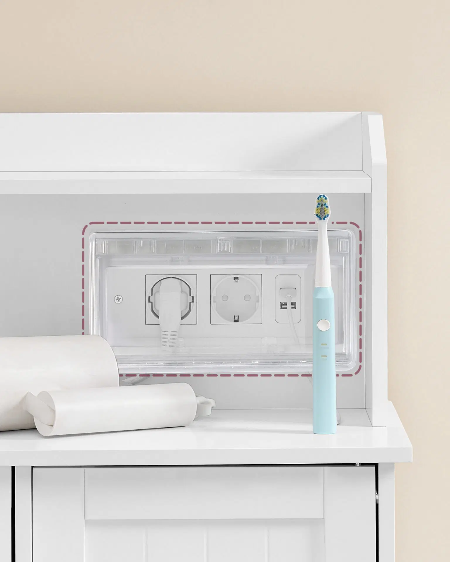 Dulap de baie VASAGLE cu priza USB, sertare, usa si rafturi reglabile, alb