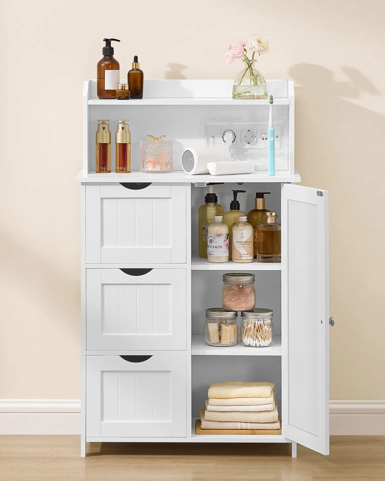Dulap de baie VASAGLE cu priza USB, sertare, usa si rafturi reglabile, alb